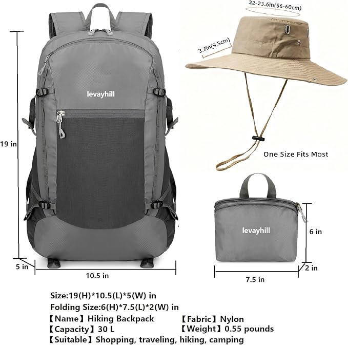 30L Foldable Backpack & Bucket Hat 2 In 1 Combo, Lightweight packable Travel and Fisherman Hat Set, Compact Collapsible Daypack with Sun Hat (Gray)