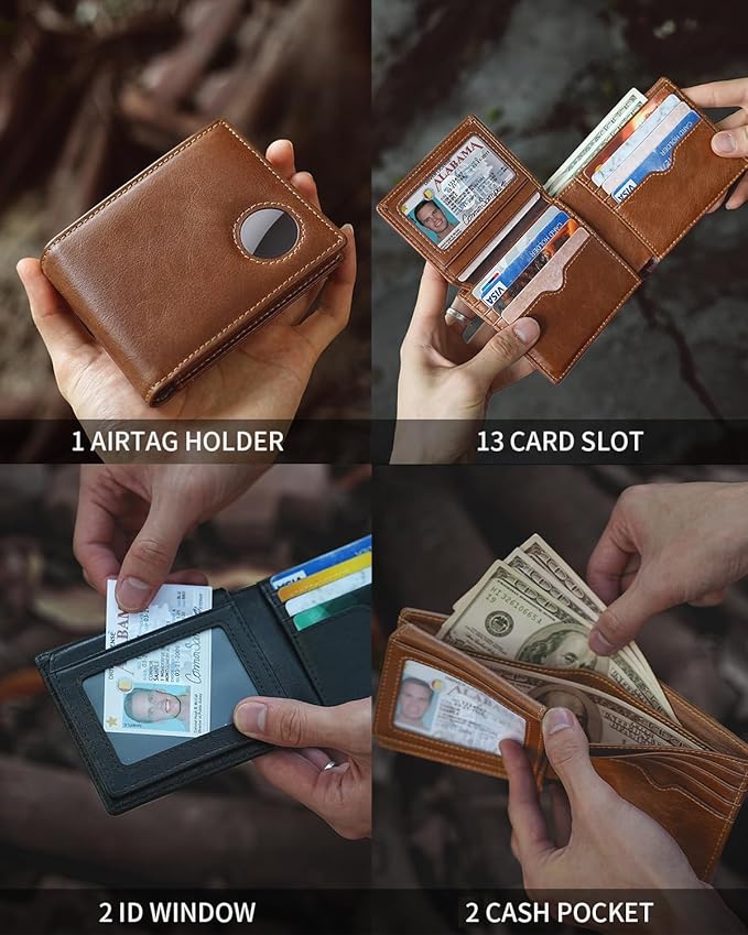 Mens Wallet with AirTag Holder, Genuine Leather Bifold RFID Blocking Wallet for Men - 2 ID Window 13 Cards Holders 1 Gift Box, AirTag Not Included