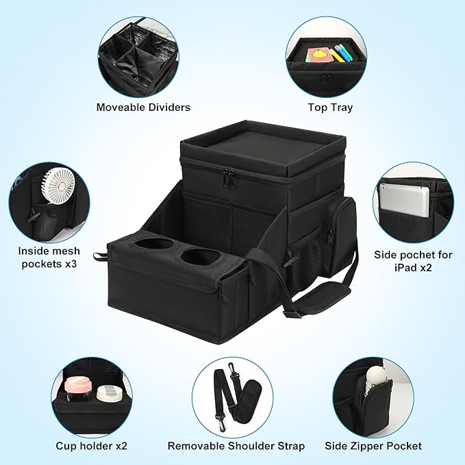 COOLBEBE Car Seat Organizer, Backseat Car Organizer with Cup Holders for Kids and Adults Travel, Cooler Compartment Passenger Seat Organizer Storage Box for Front or Middle Seat, Black