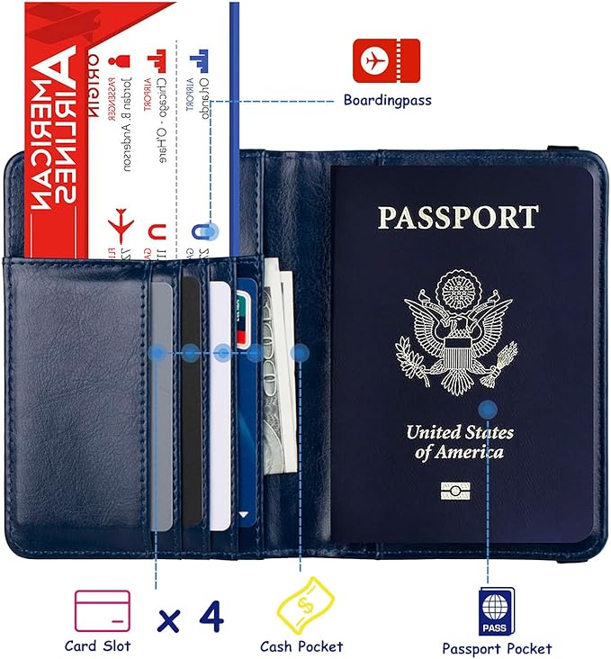 TOURSUIT RFID Blocking Passport Holder for Women Men, Leather Passport Travel Wallet with Metal 3D Metal Badge, Travel Document Holder Cover Accessories (Dark Blue)