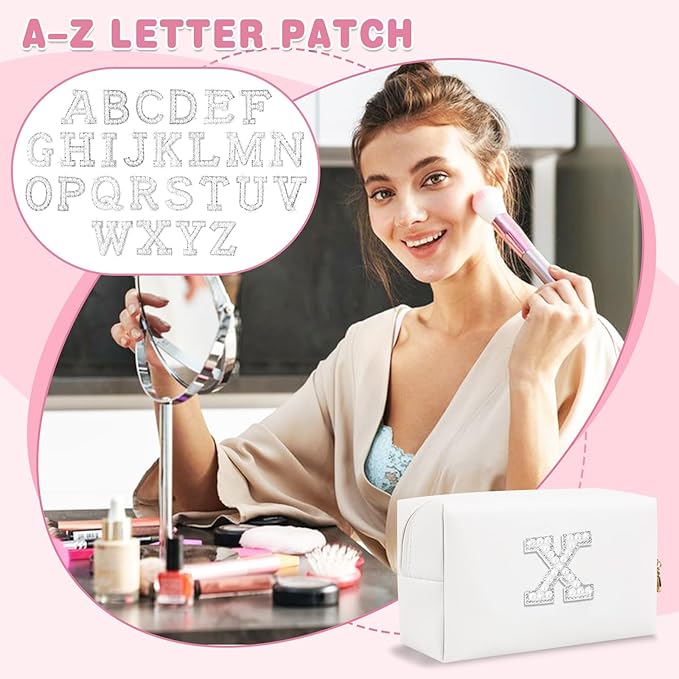 Bride Gifts – Personalized Initial Makeup Bag with Pearl Rhinestone Patch, Preppy White Monogram Cosmetic/Toiletry Pouch, bridesmaid Gifts, Bridal Shower Gifts, Wedding Gifts, Bridal Gifts,X