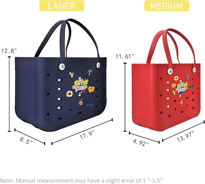 2-Piece Tote Bag Set, Waterproof Rubber Beach Bag with Summer Pattern, Medium & Large Handbag for Pool, Beach, Boat