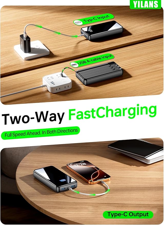 Portable Charger,50000mAh Power Bank Built-in Cable, 22.5W PD USB C in & Out Fast Charging, External Battery Pack with 6 Output & 2 Input, Travel Essential for iPhone 17/16/15/14/13/12-Grey