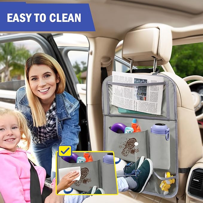 2Pack Car Backseat Organizer with Foldable Table Tray,6 Storage Pockets Car Storage Organizer with Tablet Holder,Car Seat Back Protectors Kick Mats Travel Accessories (Grey)