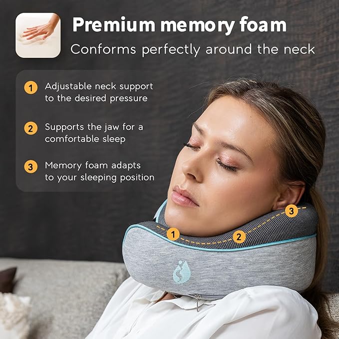 Travel Pillow - Airplane Neck Pillow with 360° Support - 100% Pure Memory Foam Flight Pillow for Sleeping on Airplanes - Travel Neck Pillow for Traveling