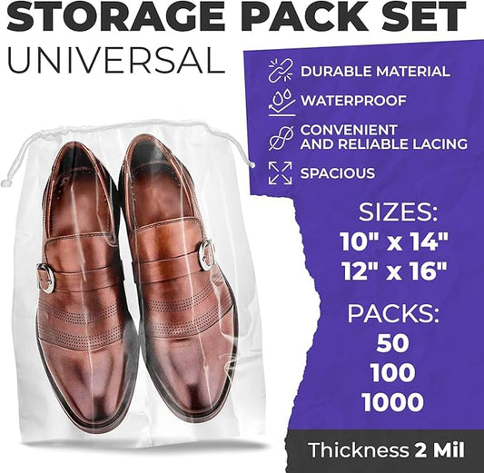 Clear Drawstring Travel Bag for Shoes. Waterproof Dust Bags for Shoes with Double Cotton Drawstrings. 2 mil PE Plastic Drawstring Bags for Packing, Storage
