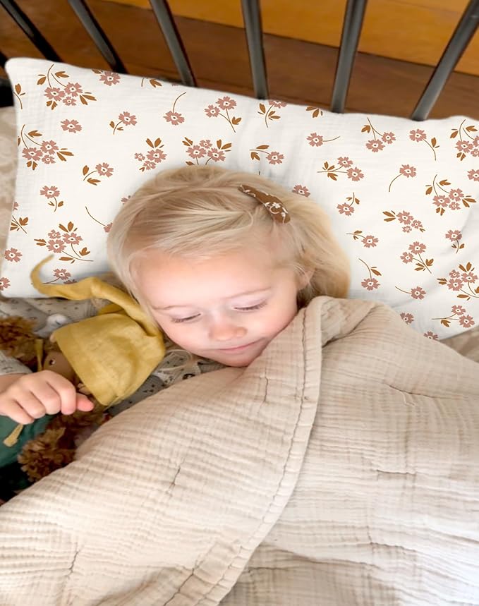 Toddler Pillowcases for 13"x18" Pillow 2 Pack, Muslin Small Toddler Baby Kids Travel Pillow Covers for Boys Girls with Envelope Closure (Flower E & Pink, 13 x 18 Inch)