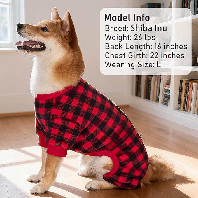 KYEESE Dog Pajamas Red Buffalo Check Pet Pjs Soft Dog Pajamas for Small Dogs Warm 4 Legs Pet Jammies Stretchy Dogs Clothes Comfy Pet Costume Velvet Pets Onesie,XL