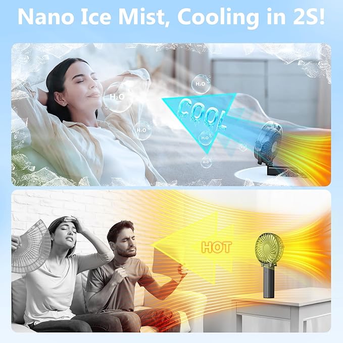 6000mAh Portable Handheld Misting Fan as Power Bank, 50ml XL Water Tank, 20H Runtime 3 Speeds, 180° Foldable Rechargeable Mist Fan for Travel, Outdoors, Makeup - Black