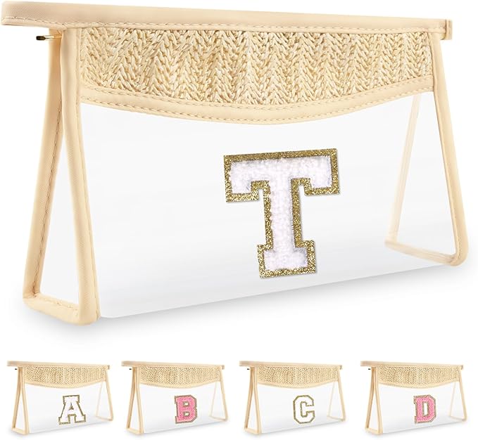 Personalized Initial Letter Bag Boho Straw Clear Makeup Bag,Small Cute Chenille Varsity Letter Bag With Zipper,Beach Travel Toiletry Bag,Portable Monogrammed Cosmetic Bag for Women Girls,T
