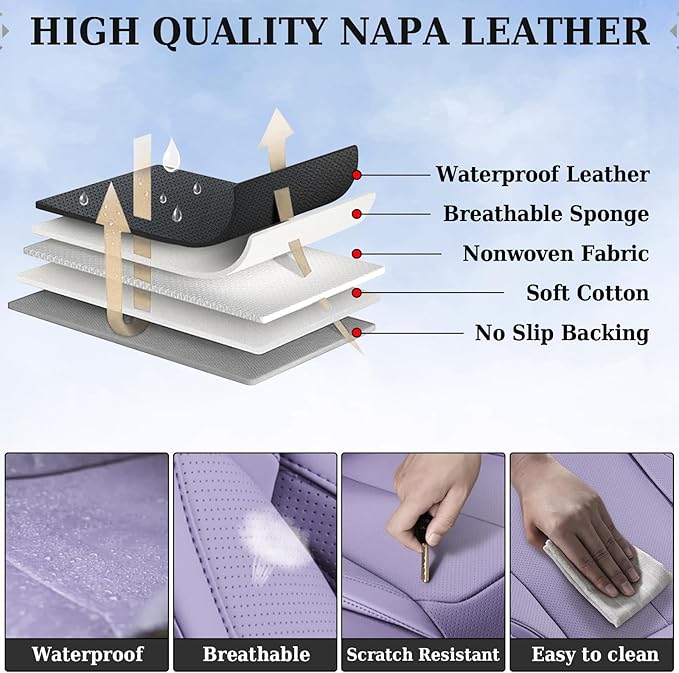 Coverado Universal Seat Covers Front, Universal Seat Covers for Cars, 2-Pack Waterproof Nappa Leather Car Seat Covers with Head Pillow, Auto Protectors Fit for Most Sedans SUV Pick-up Truck-Purple