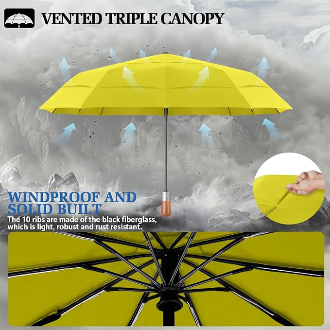 Umbrellas for Rain, 47" Large Windproof Travel Umbrella, Triple-Layer Vented Canopy, 10 Fiberglass Ribs, Auto Open Close Compact Umbrella, Wooden Handle, Heavy Duty for Commute, Gifts for Men & Women