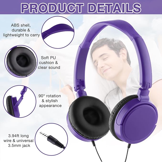 Yunsailing 18 Pack Classroom Headphones Bulk Student Wired Class Headphones Set for School with Individually Wrapped Adjustable Over Ear Head Earbuds (Purple)