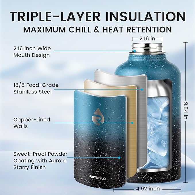 64oz Insulated Water Bottle, Triple Wall Vacuum Stainless Steel Water Bottles - Keeps Cold 48H, Reusable Half Gallon Jug for Gym, Sports, Camping, Hiking,Travel, Starry Sky-Indigo/Black