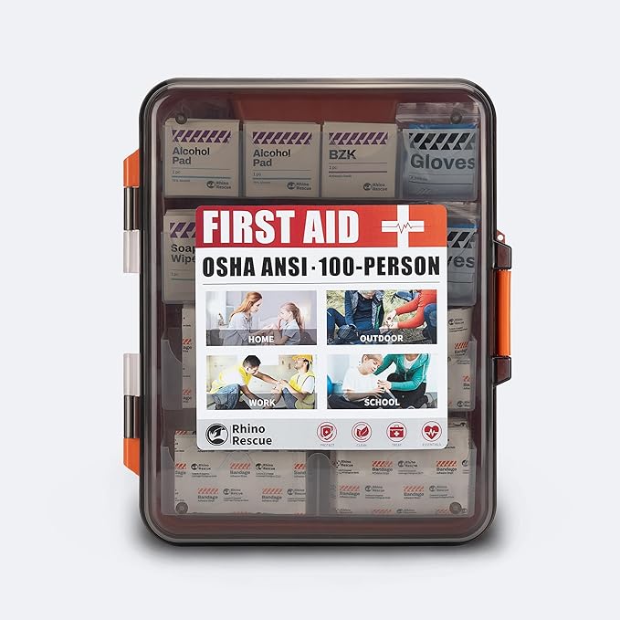 RHINO RESCUE First Aid Kit for Business - Plastic Wall Mounted First Aid Box, Hard Case Emergency Kit for Home, Office, Workshop, Restaurant (Orange)