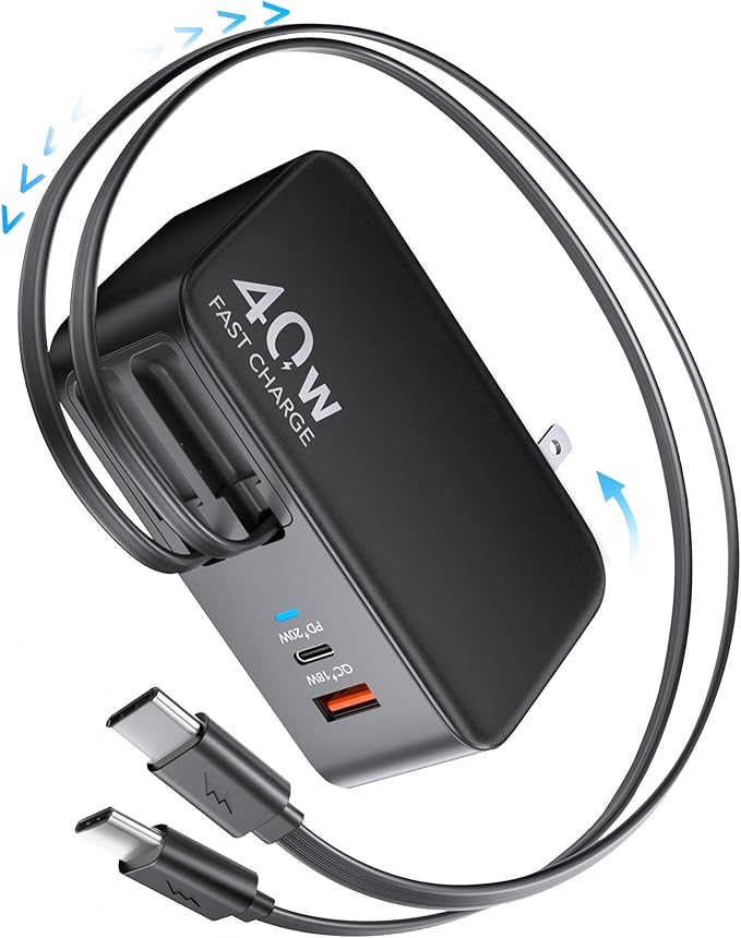 Retractable USB C Charger Wall Plug with Dual 35.5in/90cm Type C Cables Cords,40W Fast Charging Foldable Block Multi Charger for All Devices for iPhone 17/16/15/14/13/12,iPad,Galaxy,Pixel