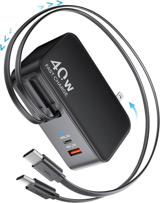Retractable USB C Charger Wall Plug with Dual 35.5in/90cm Type C Cables Cords,40W Fast Charging Foldable Block Multi Charger for All Devices for iPhone 17/16/15/14/13/12,iPad,Galaxy,Pixel