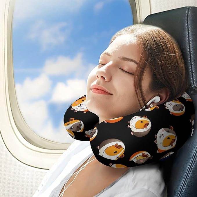 Comfortable Memory Foam Travel Neck Pillow Cute Cartoon Guinea Pig Black, Washable Removable Cover, Chin Head Support for Airplane Car Office Pain Relief Sleeping