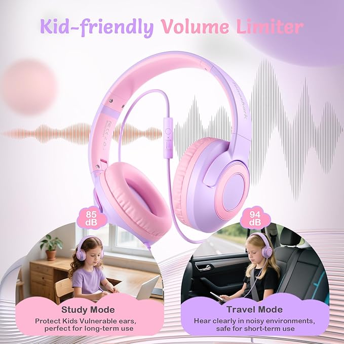 Kids Wired Headphones with Microphone, Volume Limited to 85/94dB Earphone for Boys & Girls, Foldable 3.5mm Jack Headset for School & Travel, Includes Portable Case(Purple)