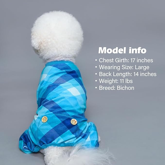 KYEESE Dog Pajamas Comfy Pet Clothes Lightweight Pjs Velvet Doggie Jammies Plaid Dog Pajamas for Small Dogs Boy Girl Soft Coat Stretchy Onesie,Blue, Large