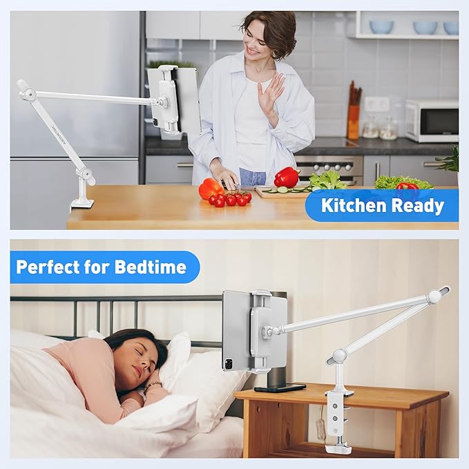 AboveTEK Tablet Stand Holder for Desk & Bed, Aluminum iPad Holder Arm with 360° Rotating Clamp, Adjustable Phone Stand Compatible with 4.7"-13.5" iPad Pro/Air/Mini, iPhone, Galaxy Tab- White