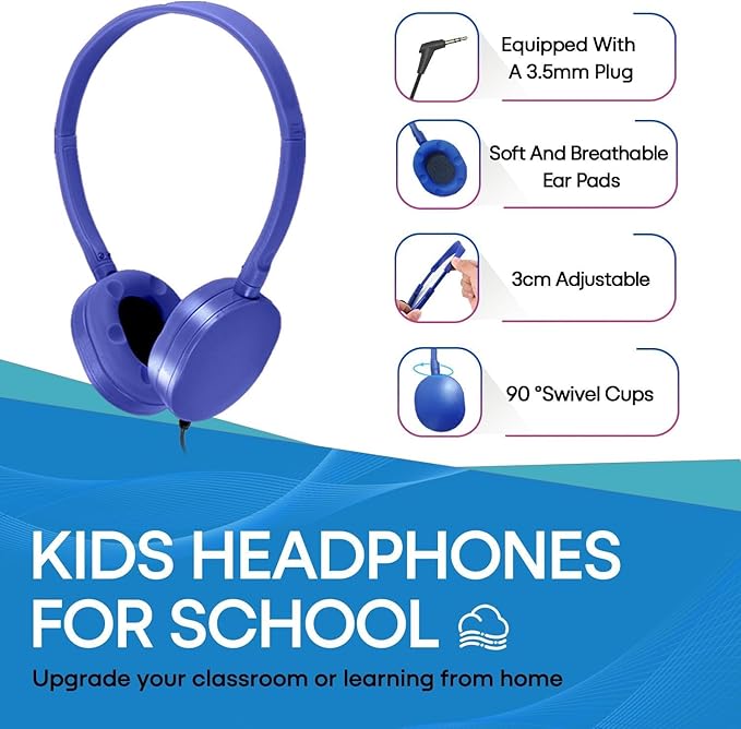 Bulk Headphones 100 Pack for Kids School Classroom, Wholesale Wired Durable Headphones Class Set for Students Children Toddler Boys Girls Teens and Adult (HY104, 100 Blue)