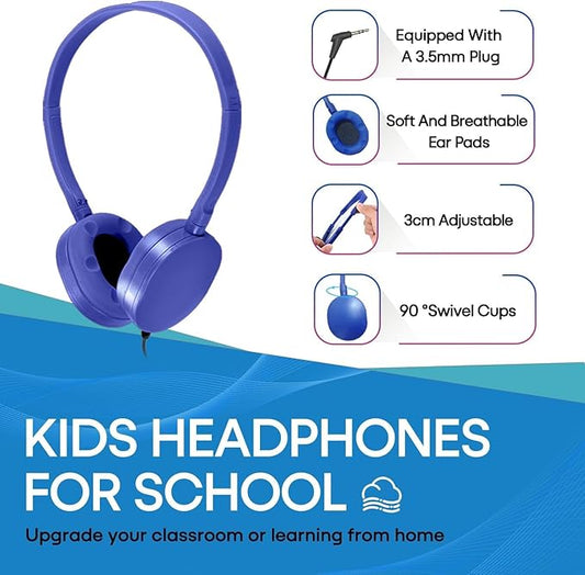 Bulk Headphones 100 Pack for Kids School Classroom, Wholesale Wired Durable Headphones Class Set for Students Children Toddler Boys Girls Teens and Adult (HY104, 100 Blue)