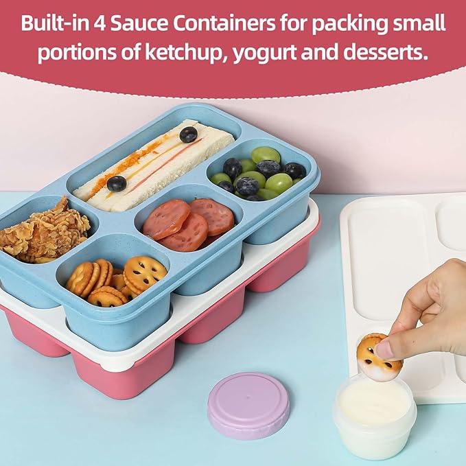 Caperci Large Bento Lunch Boxes for Adults & Kids - 5 Compartment Lunchable Snack Box Containers, Built-in 4 Leak-Proof Dipping Sauce Cups, Reusable Food Storage Containers, 4-Pack (Vintage Colors)