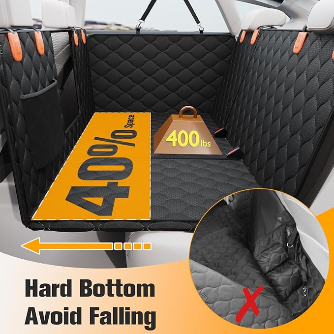 PETICON Convertible Back Seat Extender for Dogs, Dog Car Seat Cover Hard Bottom Holds 400 lbs, Waterproof Dog Hammock Backseat Protector with Mesh Window for Cars, Trucks and SUVs