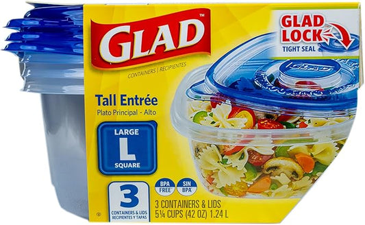 Glad GladWare Tall Entree Food Storage Containers - Large Square - Meal Container Holds up to 42 Ounces of Food - Lock Tight Seal, 3 Count - 6 Pack