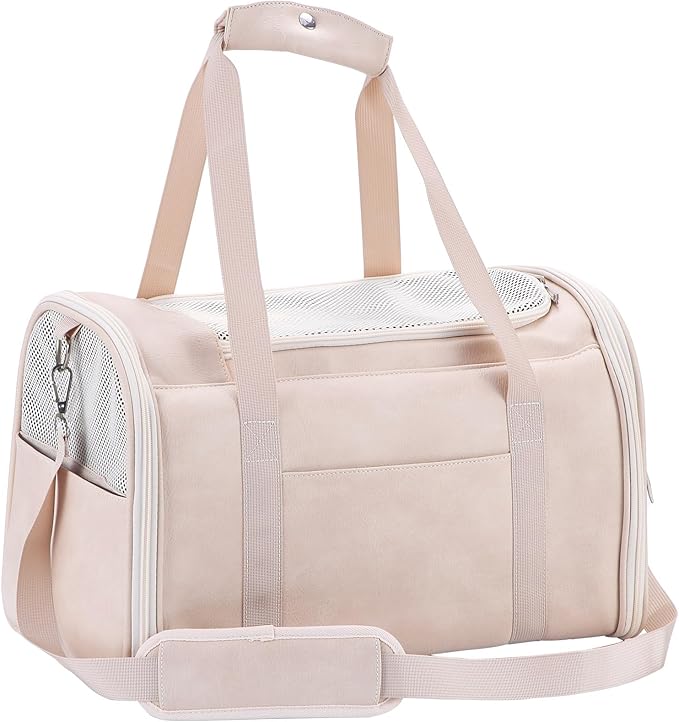 Fashion Leather Dog Carrier Cat Carrier Airline Approved Pet Carrier for Small Medium Dogs Cats Under 15Lbs, Collapsible Soft Sided Travel Puppy Carrier White