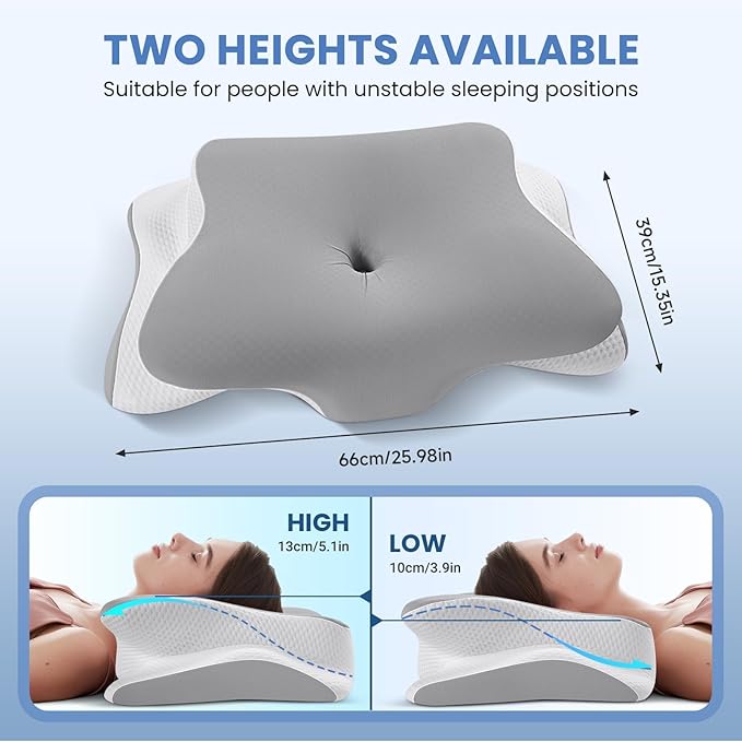 JINXIA Cervical Neck Pillow for Sleeping, Odorless Memory Foam Pillows & Cooling Cover, Ergonomic Orthopedic Neck Support Pillow for Side Back Stomach Sleepers, Neck and Shoulder Pain Relief, Gray