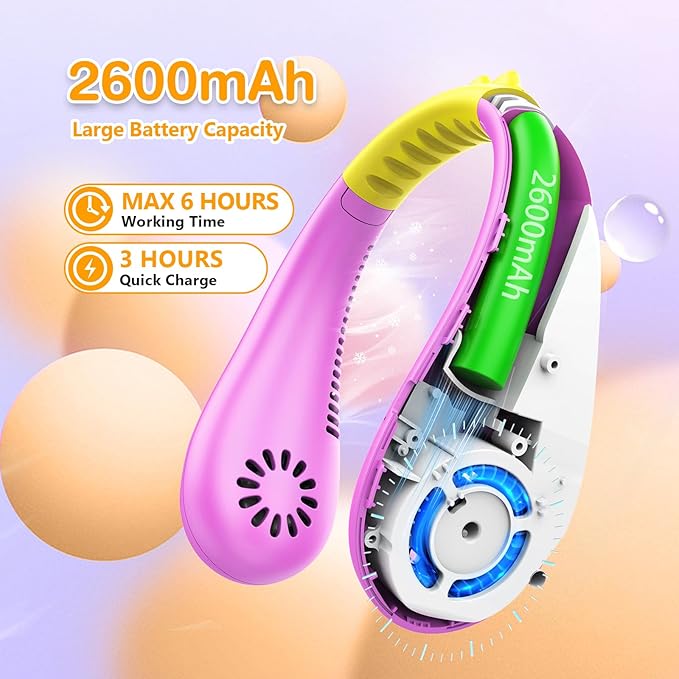 Kids Neck Fan, Portable Bladeless Fans for Kid 4-14Y Girls & Boys, 2600mAh USB Personal Mini Cooling Fan for Travel/Camping/Study, 4 Speeds, Lightweight, Compact, Perfect Summer Gifts for Kids