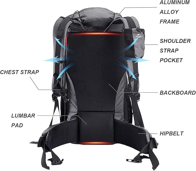 Naturehike Hiking Camping Backpack 45L/65L Lightweight Internal Frame with Rain Cover for Backpacking Outdoor Sports ((60+5) L Black, (60+5) L)