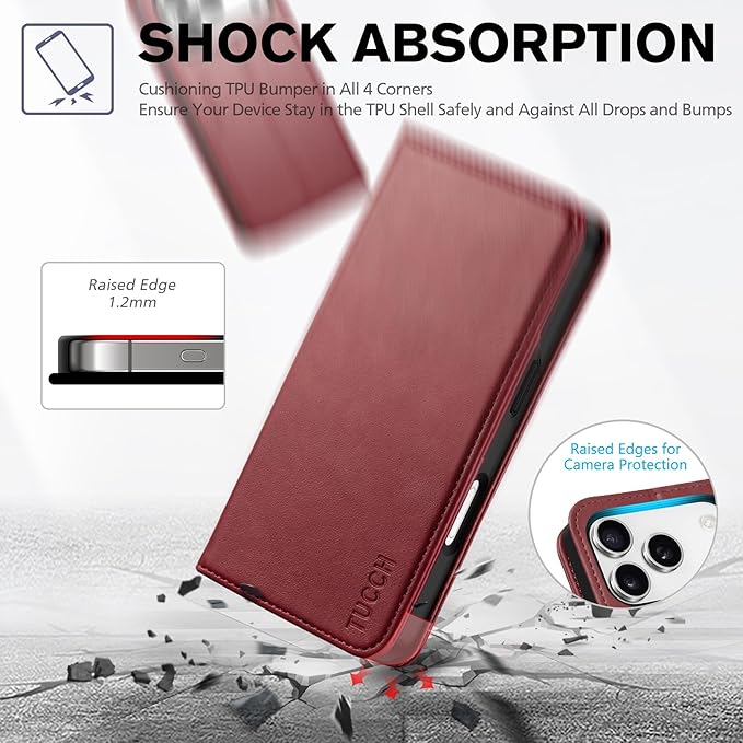 TUCCH Wallet Case for iPhone 17 Pro (6.3") 2025, 3 Credit Card Slot | RFID Blocking | Stand | PU Leather | Protective Flip Folio Cover | Shockproof TPU Interior Shell | Deep Red