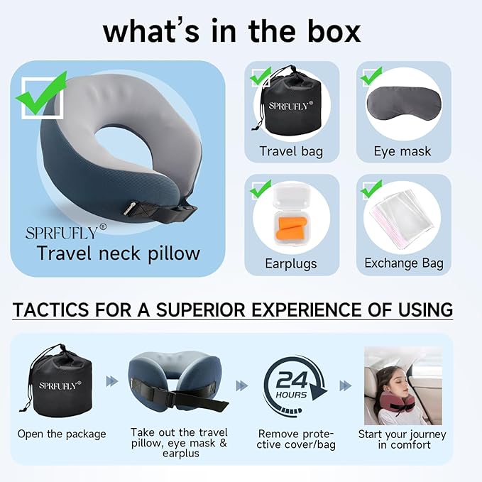 Travel Pillow/Neck Brace, Airplane Pillow with Sleep Mask and Ear Plugs, Breathable Removable Cover & Ergonomic Design - Essentials Travel Neck Pillow for Airplane, Car, Office & Home Use (Blue)