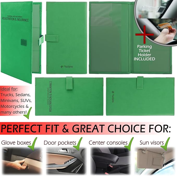 Auto Insurance and Registration Card Holder - Vehicle Glove Box Document Organizer - Car Essential Paperwork Holder for DMV, AAA, Contact Information Cards - Premium PU Leather Wallet Case - Green