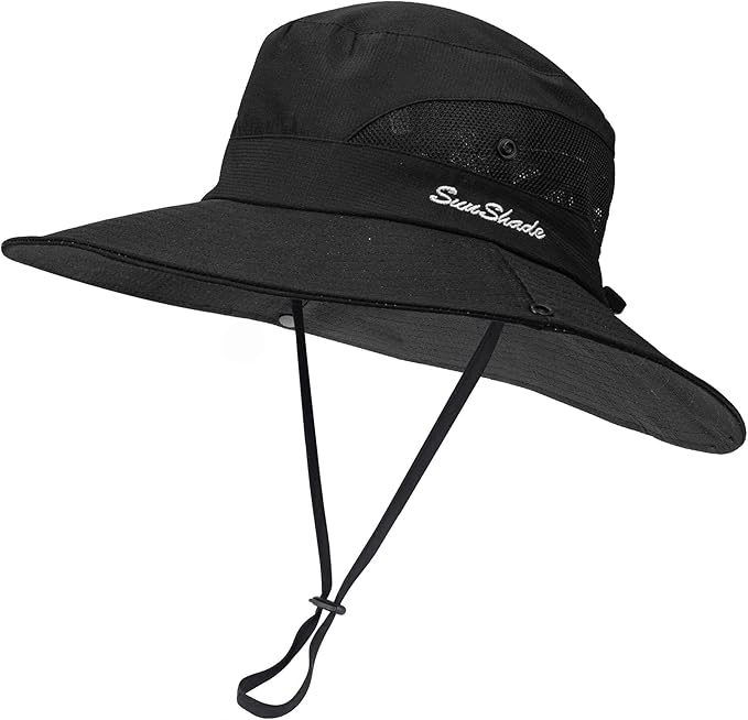 Women's Outdoor UV-Protection-Foldable Sun-Hats Mesh Wide-Brim Beach Fishing Hat with Ponytail-Hole