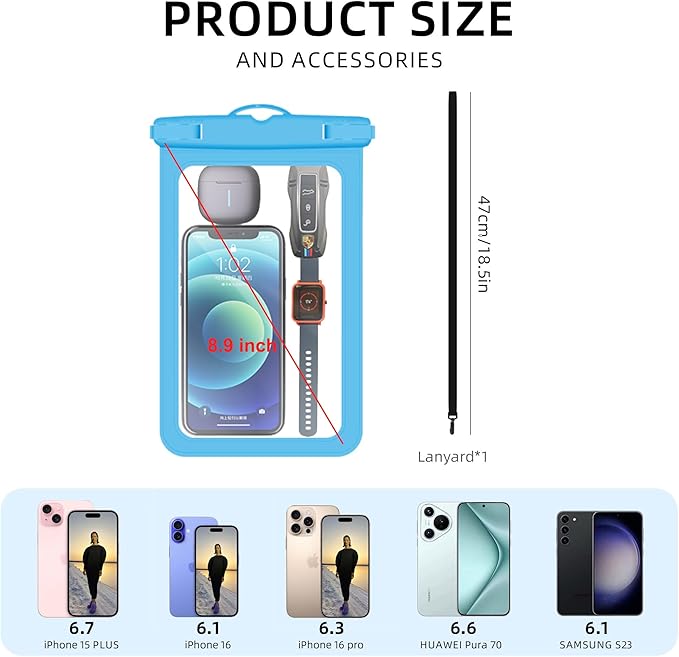 [Up to 8.9" 2 Pack Waterproof Phone Pouch Case,Waterproof Phone Bag for iPhone 17 16 15 14 13 Pro Max Plus Galaxy S25 S24 Ultar Plus+,IPX8 Cellphone Dry Bag Beach Travel Essentials-Blue