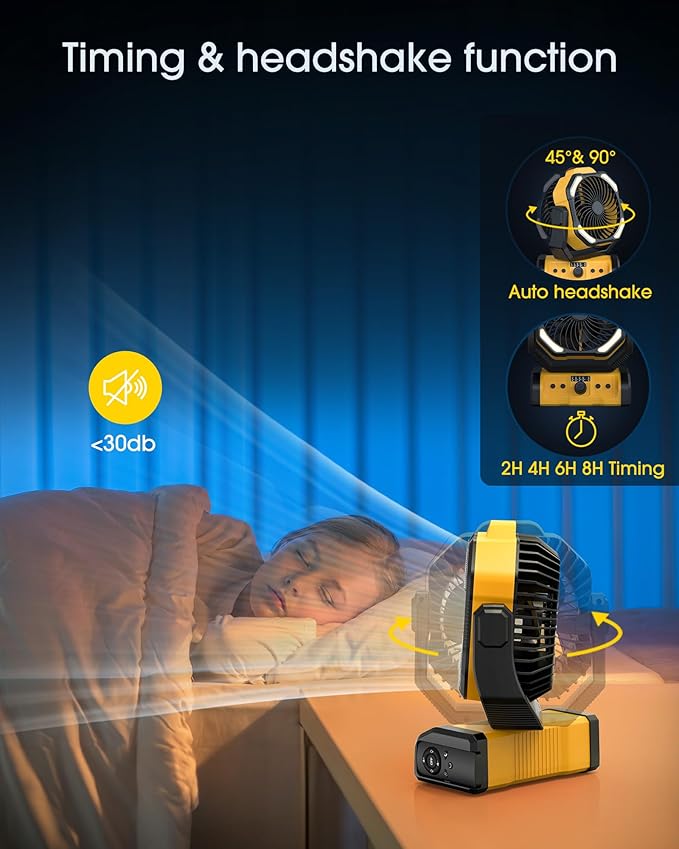 Portable Camping Fan Rechargeable - 20000mAh Cordless Battery Powered Fans with LED Lantern, Remote Auto Oscillating USB C Table Operated Tent Ventilador for Travel Outdoor Fishing Bedroom Home