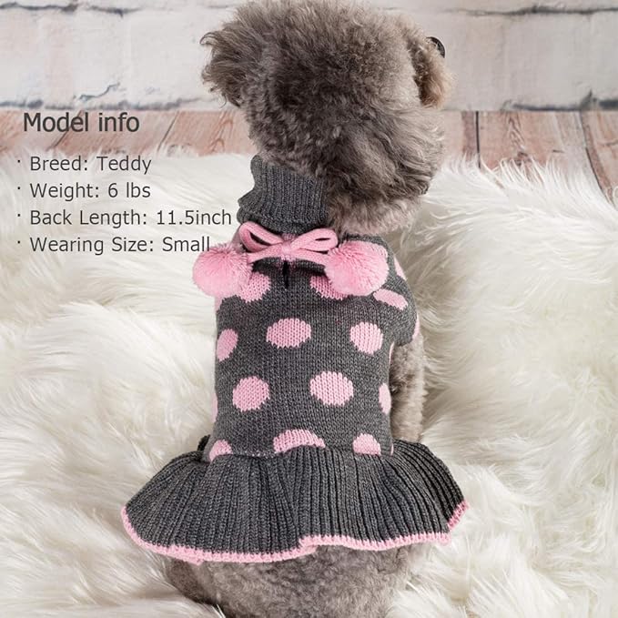 KYEESE Dog Sweaters with Leash Hole Small Turtleneck Dog Sweater Dress for Girl Polka Dot Knit Warm Pet Clothes with Pom Pom Ball