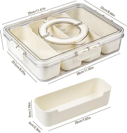 Bandesun Divided Serving Tray with Lid and Handle - Snackle Box Charcuterie Container for Portable Snack Platters - Clear Organizer for Candy, Fruits, Nuts, Snacks,4-Grid