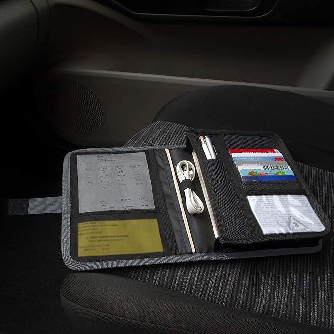 Glove Box Compartment Organizer - Car Document Holder - Owner Manual Case Pouch - Vehicle Storage Wallet for Registration & Insurance Card - Premium Auto Paperwork Holder - Log Book included - Gray