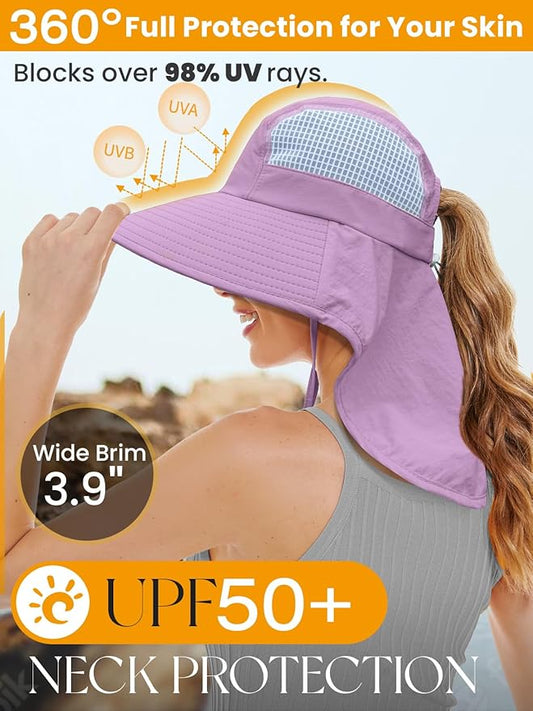 Sun Hats for Women UV Protection with Neck Flap Wide Brim Beach Hats with Ponytail Hole for Hiking Fishing Gardening Travel
