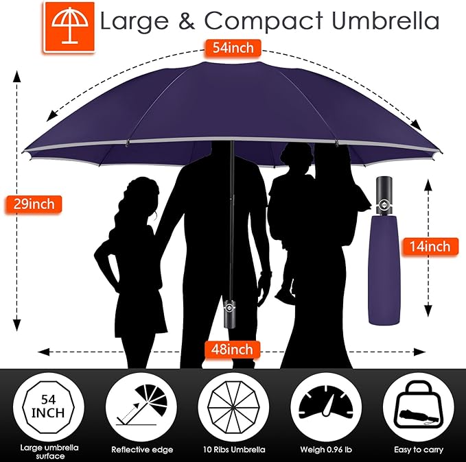 Bodyguard Inverted Umbrella - Large Windproof for Rain & Sun, Compact Reverse With Reflective Stripe, Teflon-Coated for Women Men, Travel Folding With Cover Bag