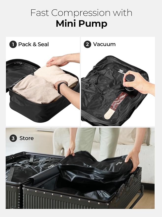 Vacuum Bags for Travel with Wireless Pump, 180° Open Zipper, IP67 Waterproof, Reusable Space Saver Compression Bags for Backpack, Suitcase, Home Storage(2 Pack + Pump)