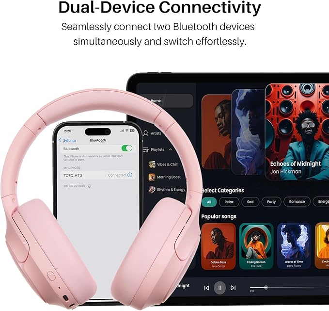 TOZO HT3 Hybrid Noise Cancelling Headphones, 90H Playtime Wireless Over Ear Bluetooth Headset, Spatial Audio AI Chat with 5 Mics, Supports Dual Connection and USB-C Input, with 32 EQ Music Modes