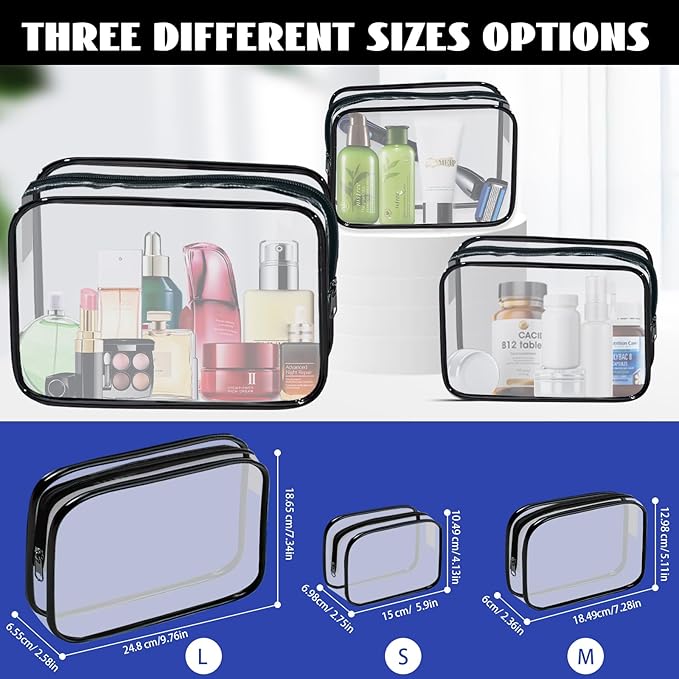 16 Pieces Clear Cosmetic Bags PVC Clear Makeup Bags TSA Approved Toiletry Bag with Zipper Waterproof Vinyl Plastic Organizer Storage Transparent Pouch for Women and Men (Black, Small)