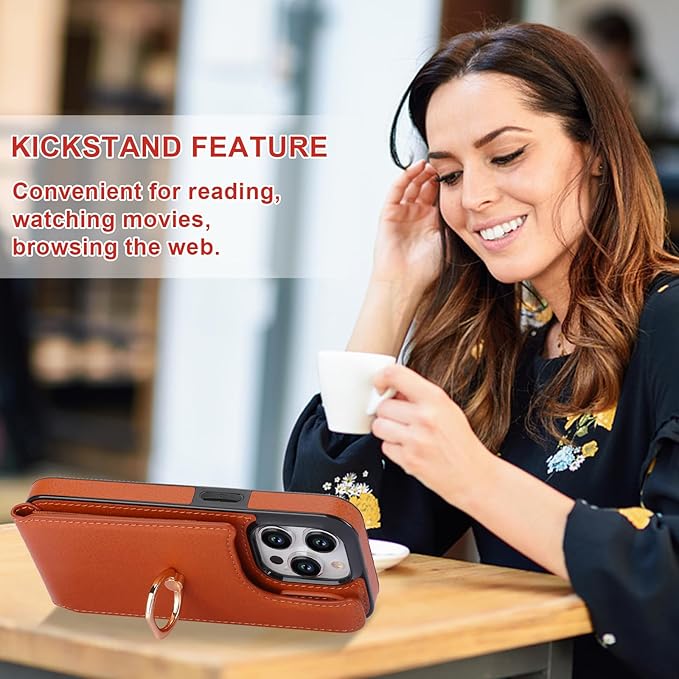 Folosu Compatible with iPhone 15 Pro Case Wallet with Card Holder, 360°Rotation Finger Ring Holder Kickstand, RFID Blocking Leather Protective Double Buttons Shockproof Cover 6.1 Inch Brown