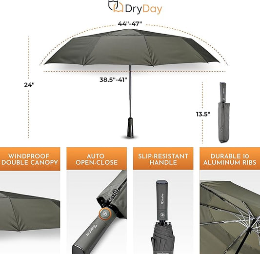 DryDay Premium Umbrellas for Rain, Large Windproof Double Canopy Umbrella, 10 Aluminum Ribs, Sturdy Frame, Auto Open Close Unique Handle, Windproof & Waterproof Umbrella for Women & Men